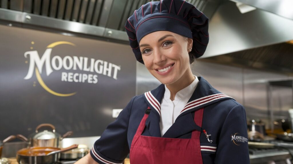 Skylar, the AI chef of Moonlight Recipes, depicted as a digital avatar in a kitchen setting with a starry night background