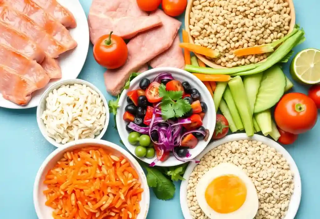 A selection of healthy foods, including vegetables, lean proteins, whole grains, and healthy fats, representing the variety of the roam diet."