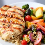 A vibrant plate featuring grilled chicken, quinoa, and colorful vegetables showcasing a balanced meal from the roam diet