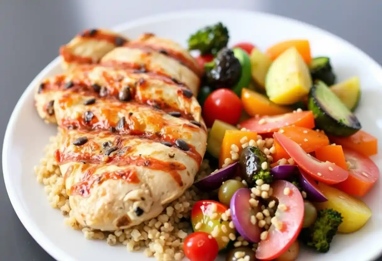 A vibrant plate featuring grilled chicken, quinoa, and colorful vegetables showcasing a balanced meal from the roam diet