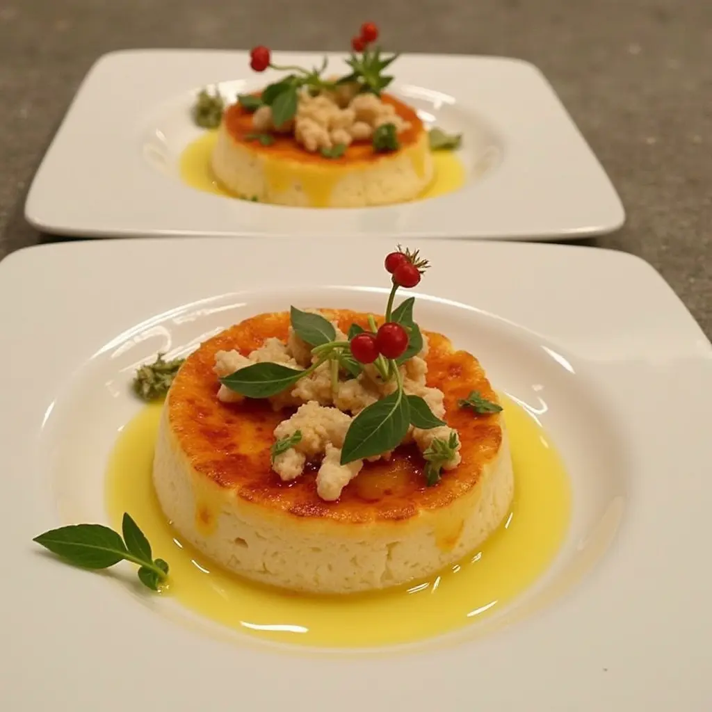 A close-up of a golden, caramelized crab brûlée served in a small ramekin, garnished with fresh herbs and accompanied by a side of lemon slices.