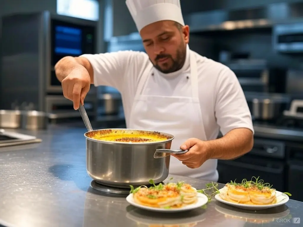 A chef in a white uniform and hat preparing a large pot of caramelized crab brûlée, with plated servings of the dish garnished with herbs in the foreground.