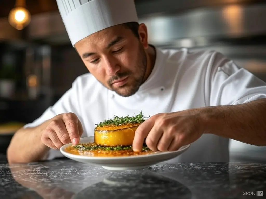 A chef in a white uniform and hat carefully plating a beautifully caramelized dish topped with fresh herbs in a professional kitchen.