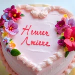 A beautifully decorated heart-shaped cake with pink and white frosting, edible flowers, and colorful sprinkles, placed on a romantic table setting.