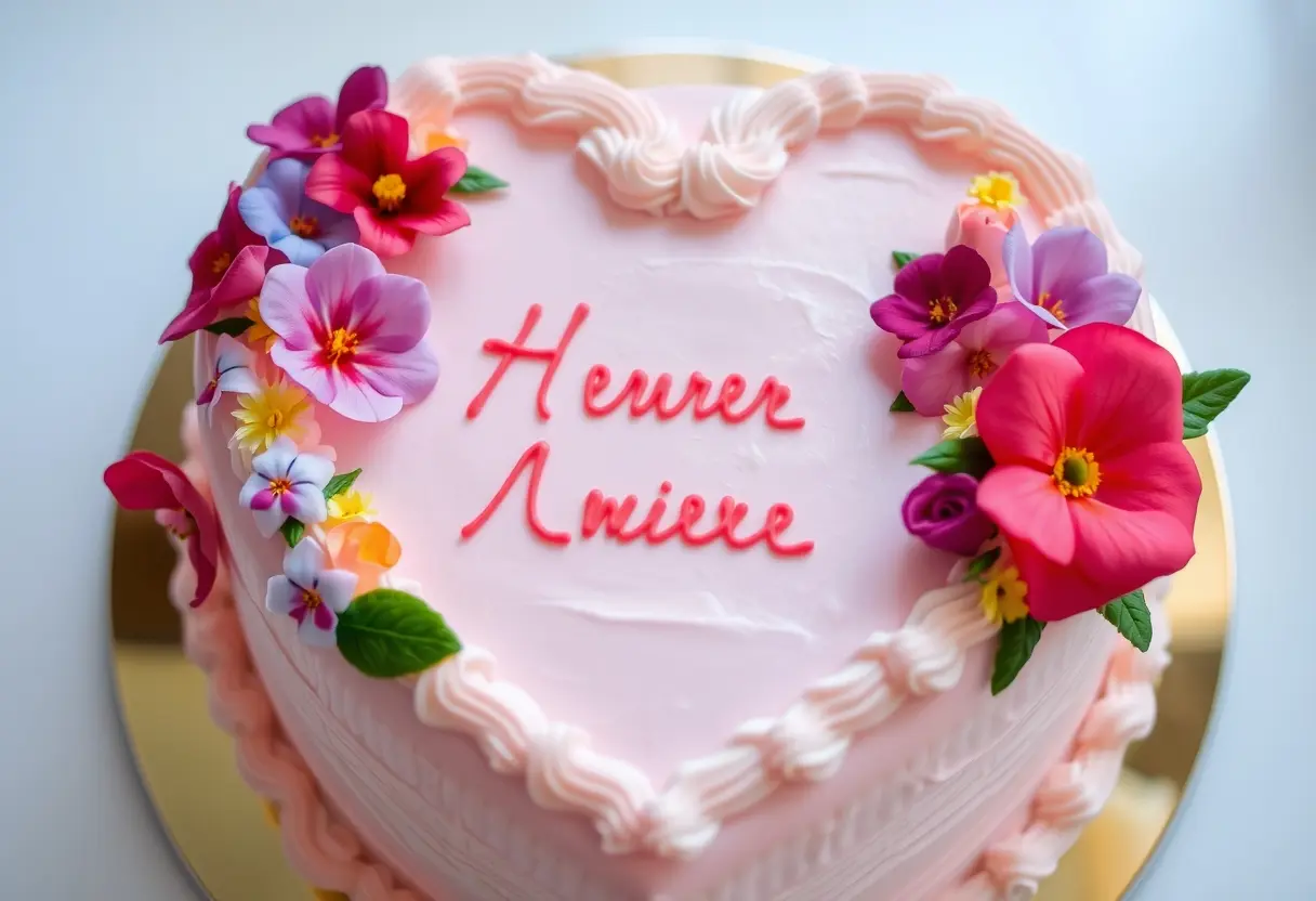 A beautifully decorated heart-shaped cake with pink and white frosting, edible flowers, and colorful sprinkles, placed on a romantic table setting.