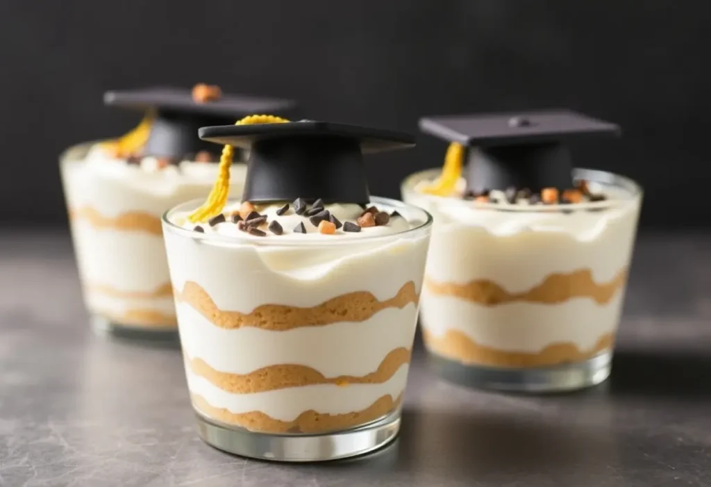 Three graduation-themed parfaits in clear glasses, each topped with a miniature graduation cap and sprinkled with chocolate chips, symbolizing academic achievement.