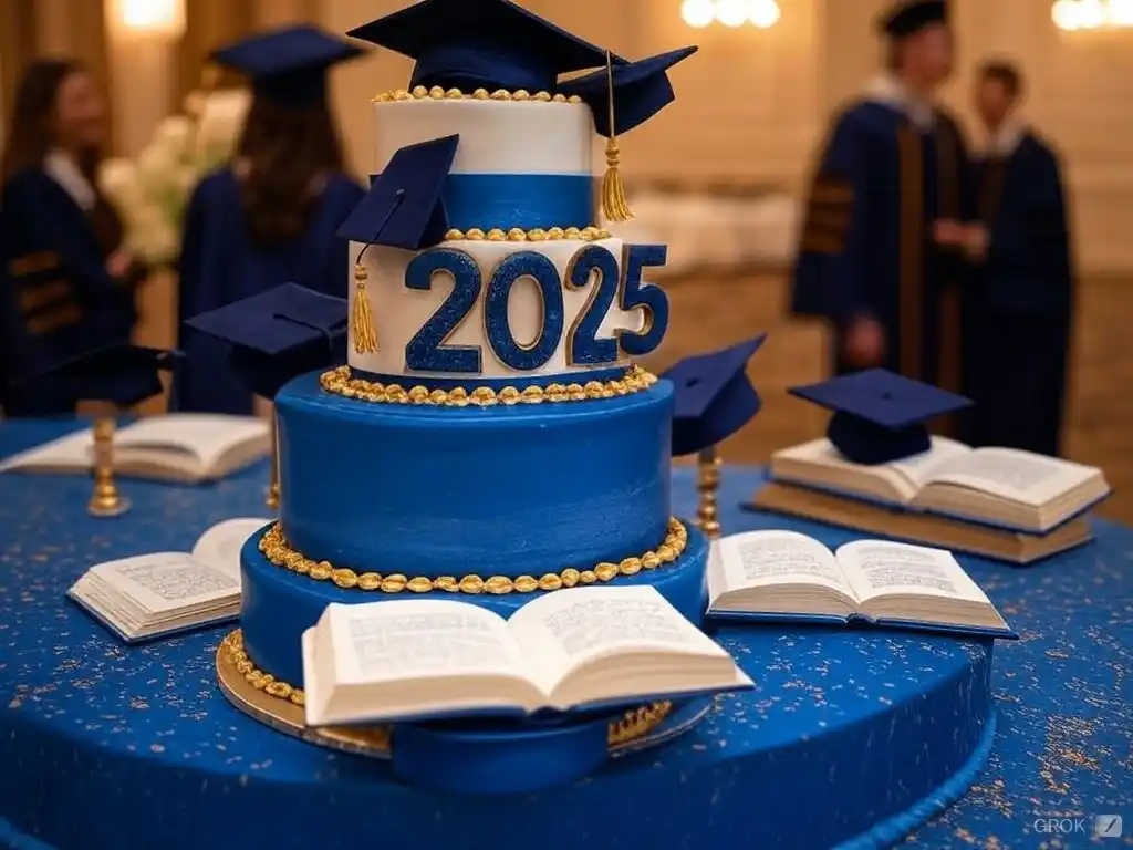 Three-tiered graduation cake for the class of 2025, decorated with a graduation cap topper, surrounded by open books and graduation caps at a celebration event