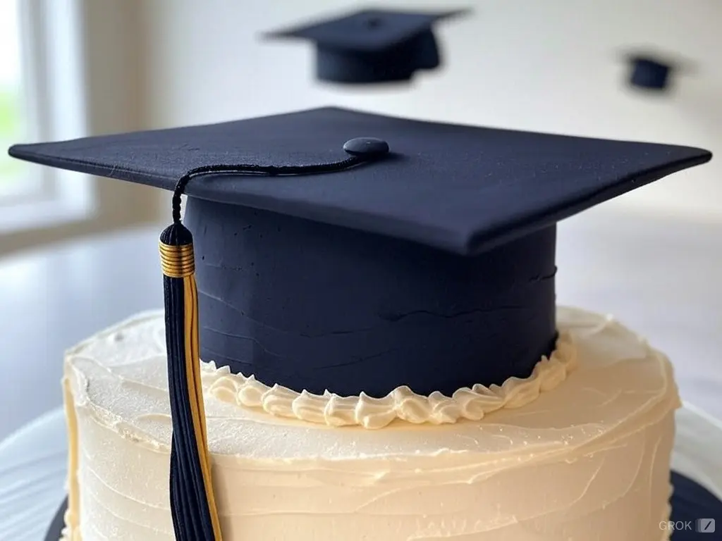 Elegant graduation cake topped with a realistic fondant graduation cap featuring a tassel and button, with additional caps in the background