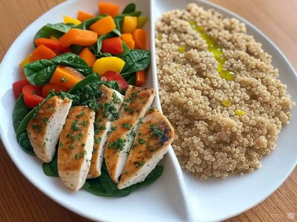 A balanced plate with grilled chicken, roasted sweet potatoes, and a side of steamed broccoli, showcasing proper portions of protein, carbs, and vegetables."